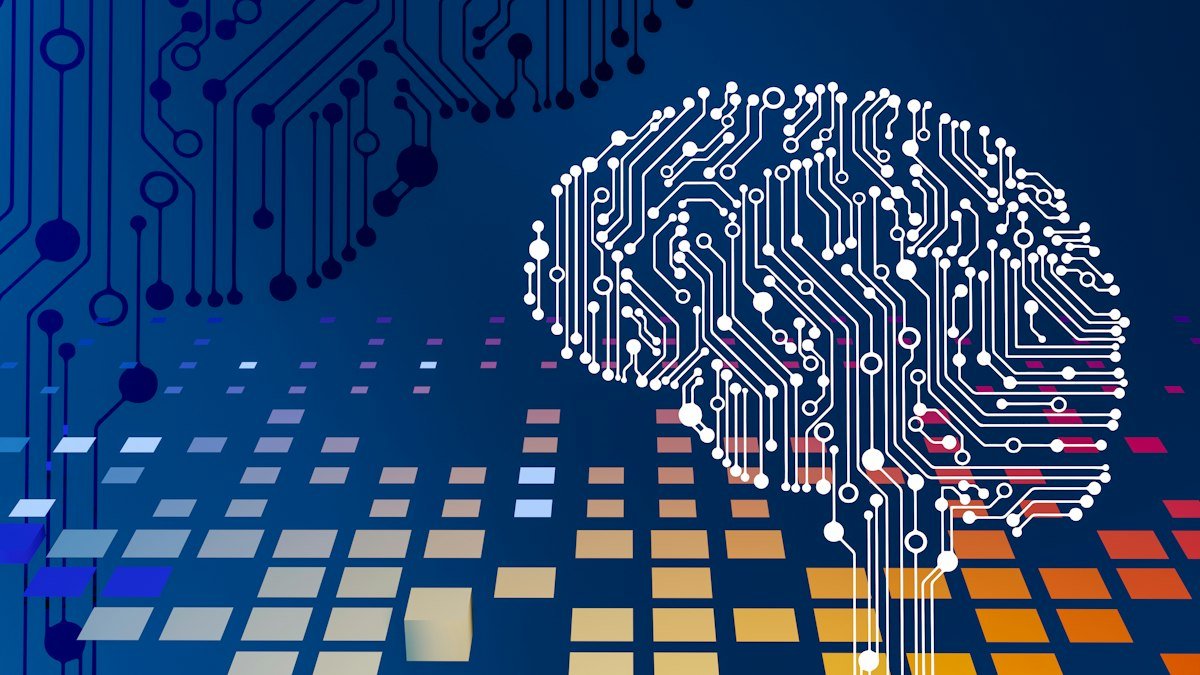 Illustration of a brain formed from circuit board traces, representing AI