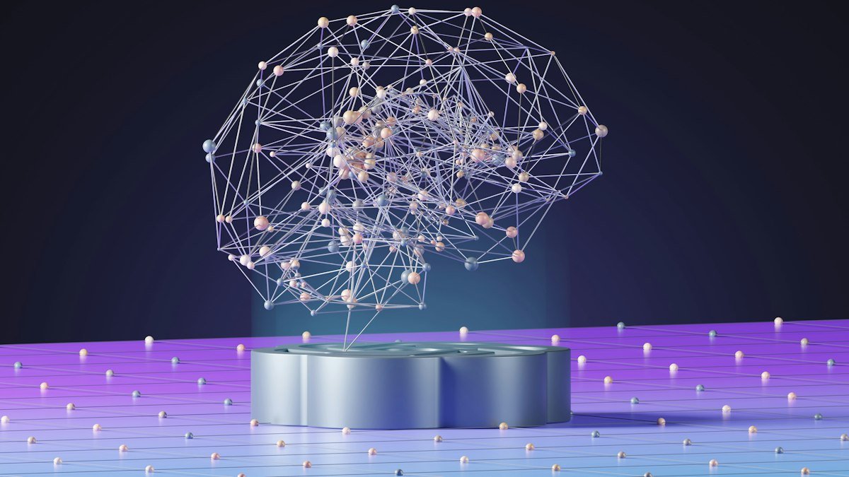 Network graph shaped like a brain on a platform, representing retrieval-augmented generation